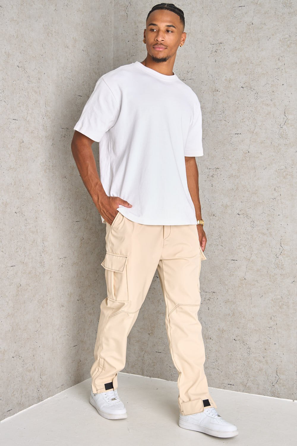 Beige cargo joggers with zipped ankles