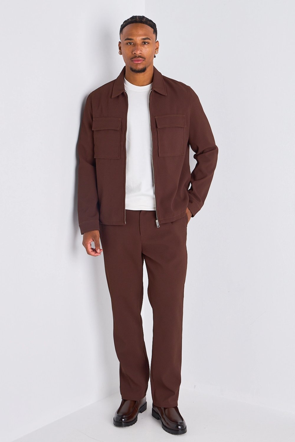 Brown waffle-knit zip jacket and trousers set