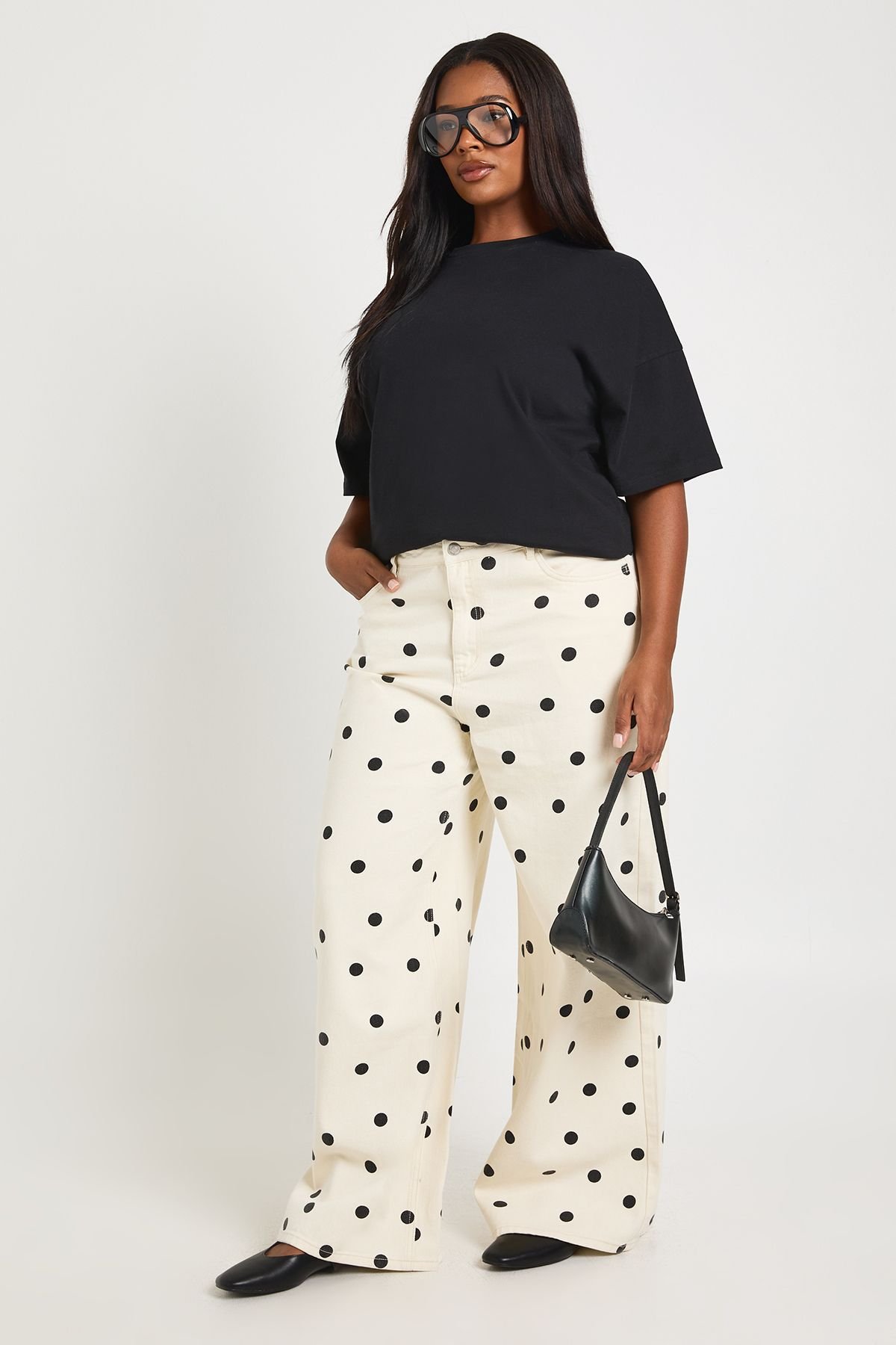 Jean Grande Taille À Pois Taille Haute Jambe Large