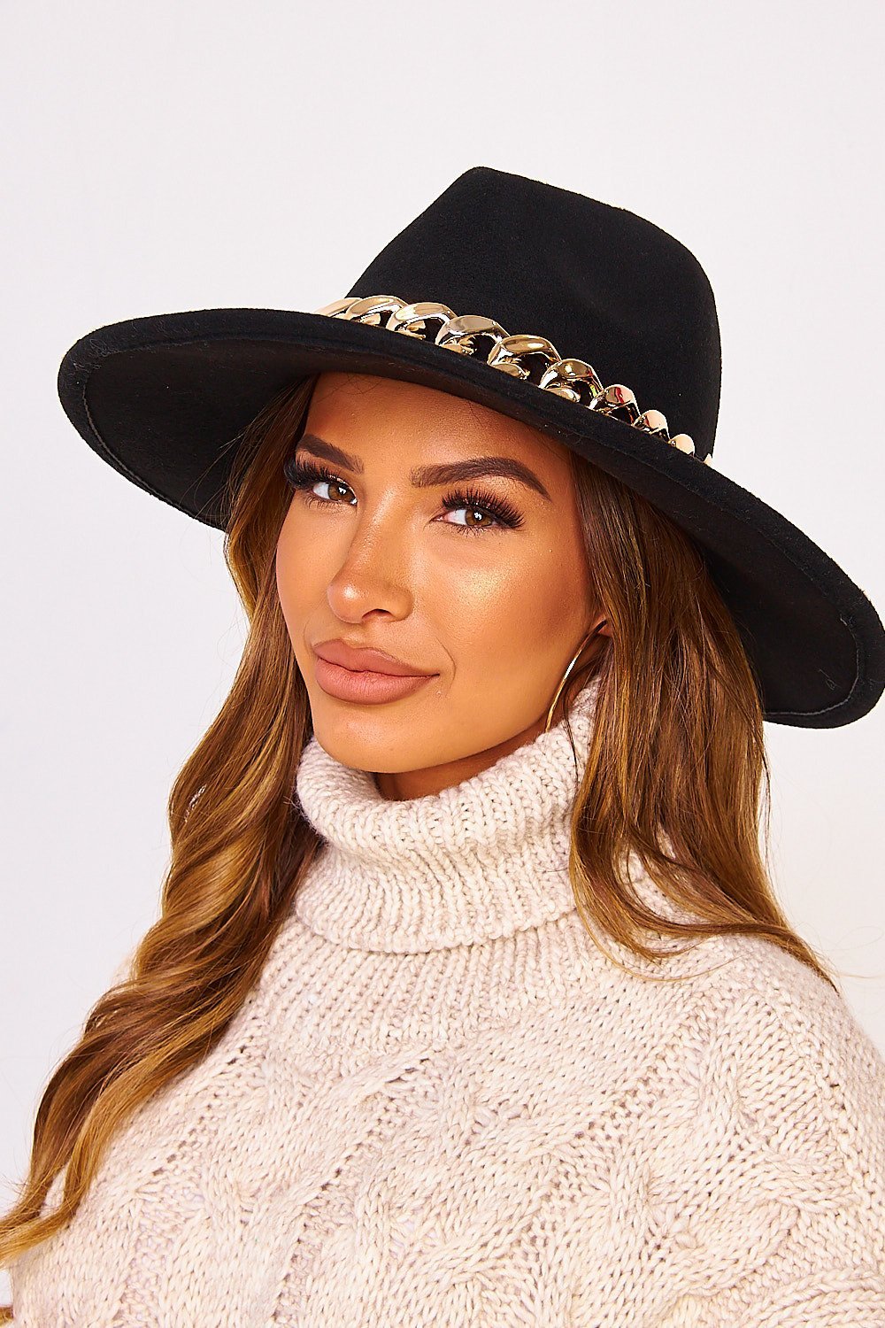 Black fedora hat with gold chain