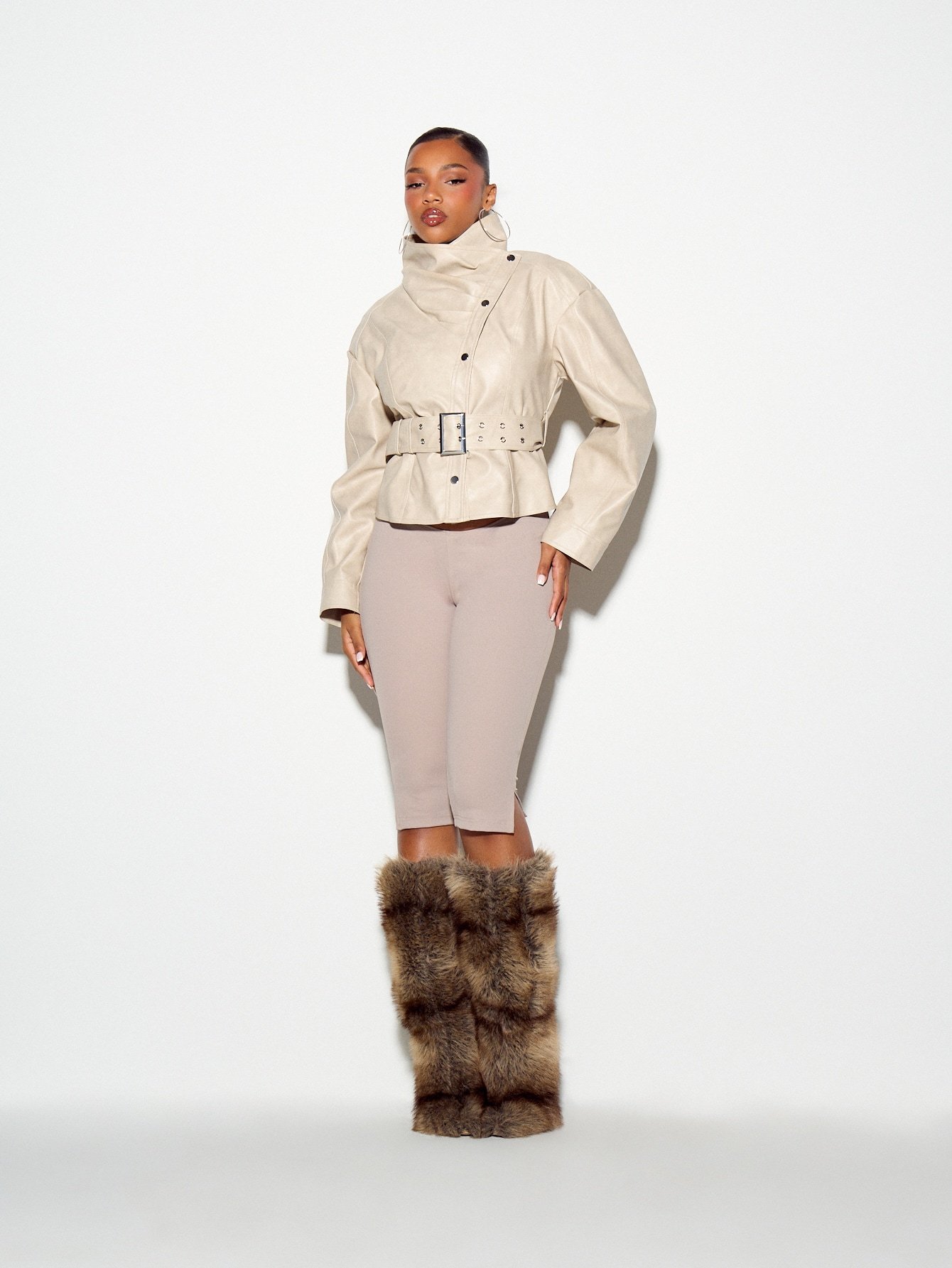 Oversized belted jacket with high neck
