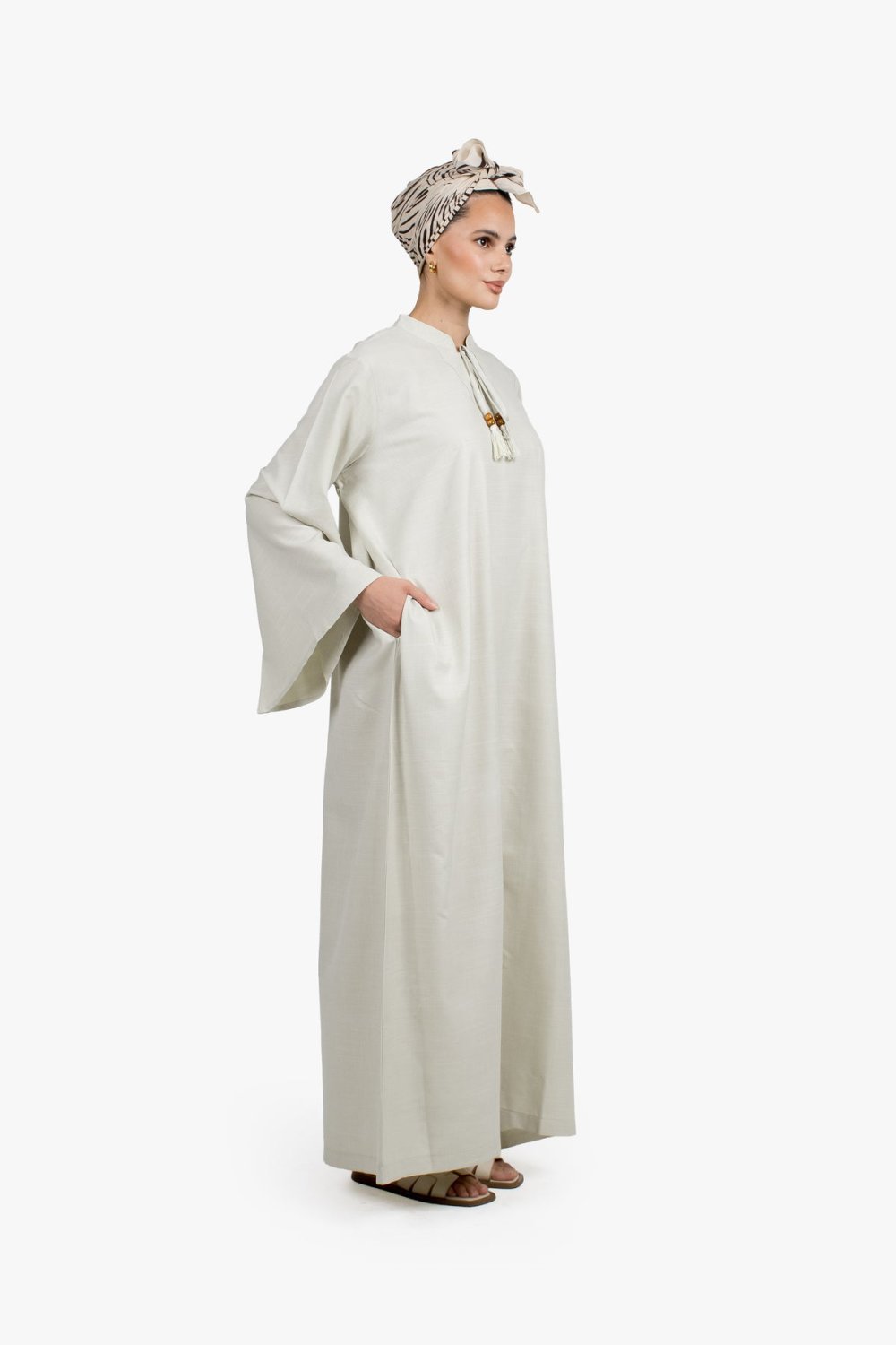 Beaded tassel abaya - Pale sage