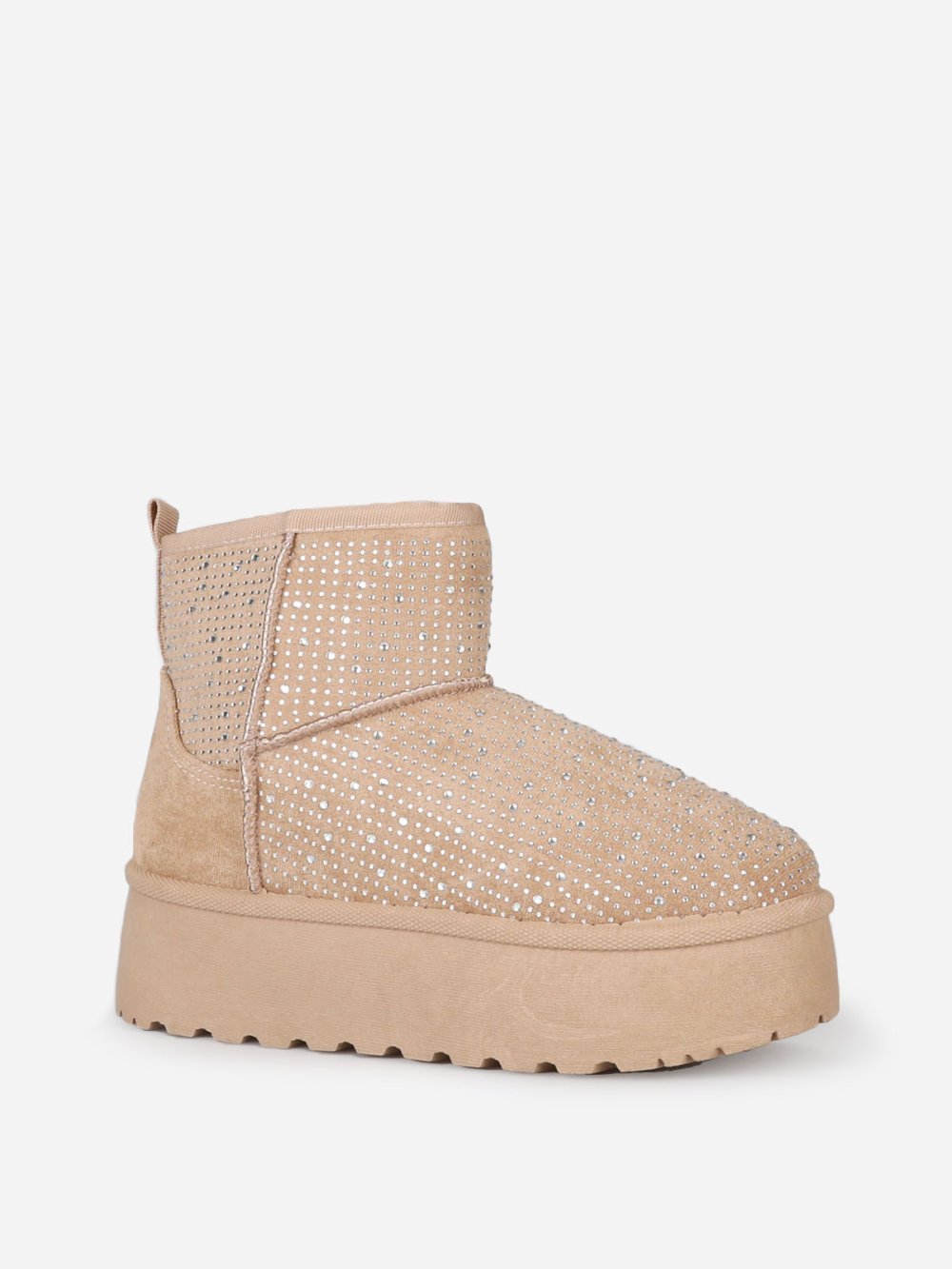 Taupe lined platform boots with rhinestones