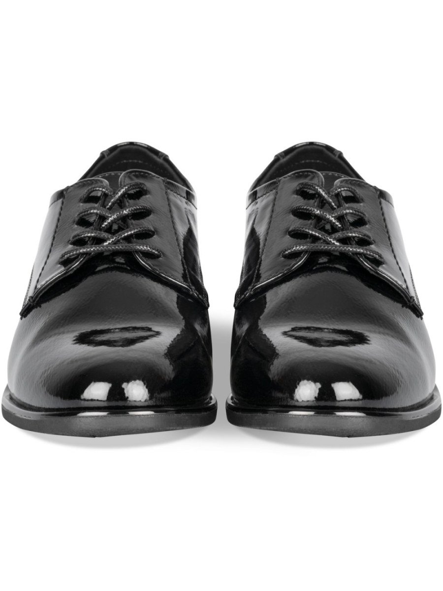 Black patent low-heel derbies