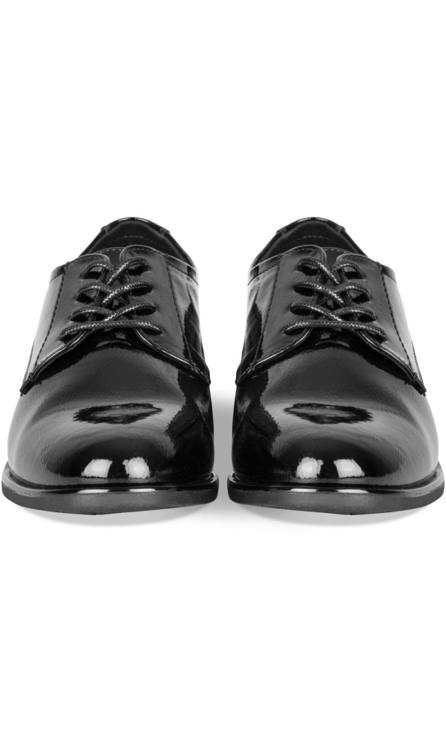 Black patent low-heel derbies
