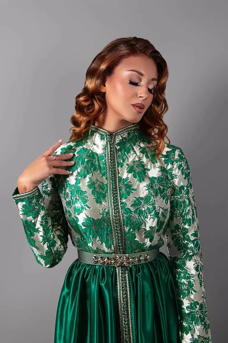 Gold brocade and pine green satin kaftan