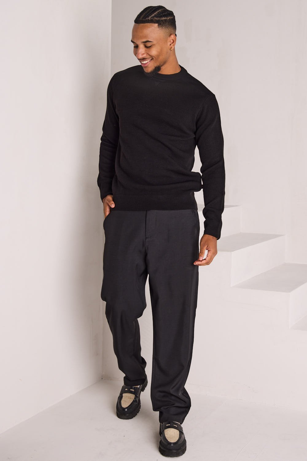 Black knit crew-neck jumper