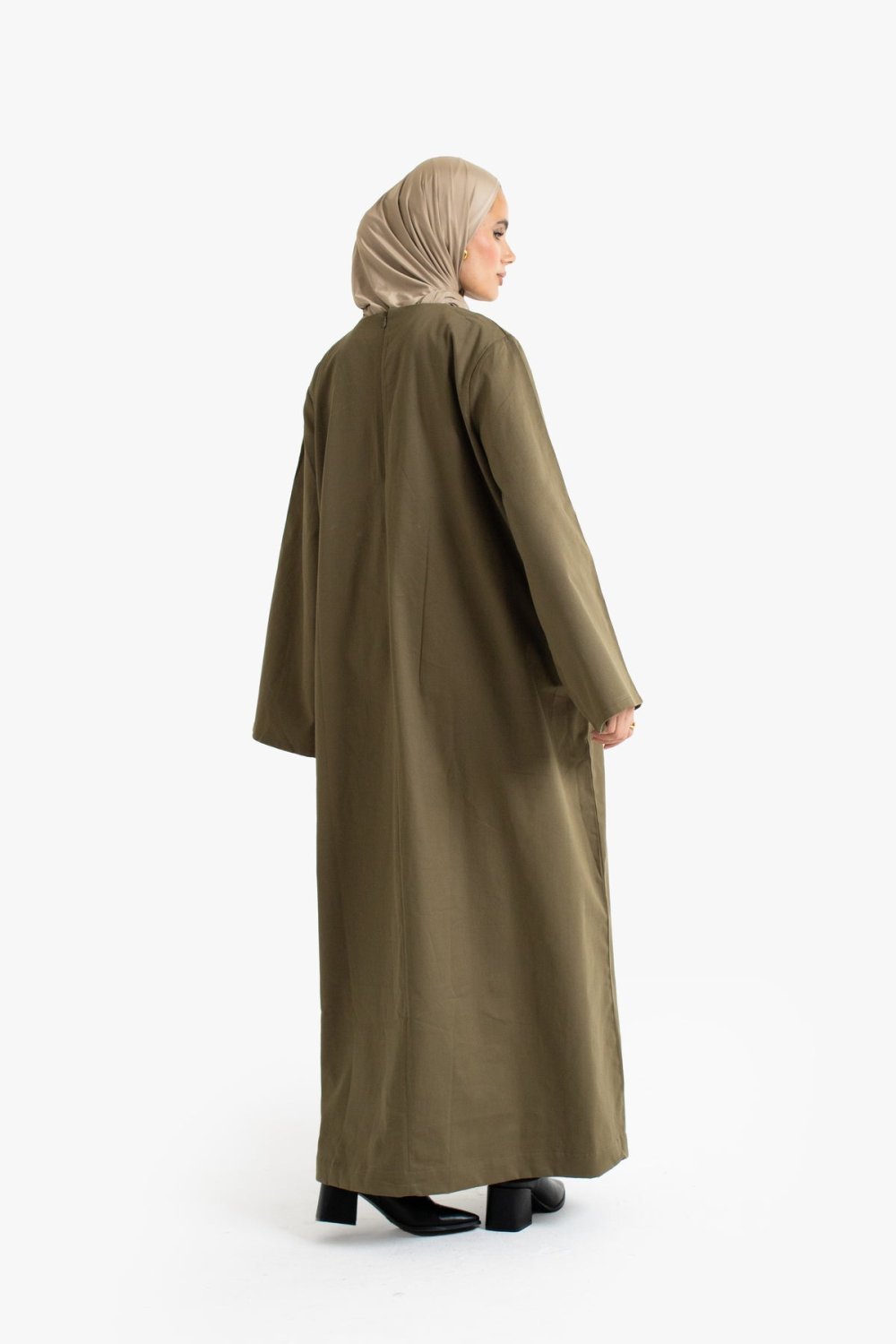 Tie-front cotton twill abaya - Khaki