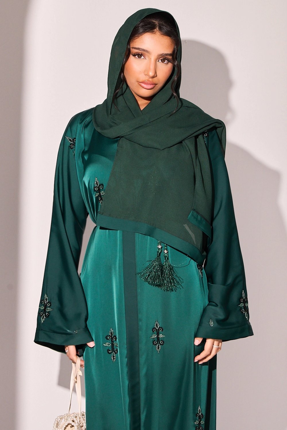 Dark green abaya with floral rhinestones
