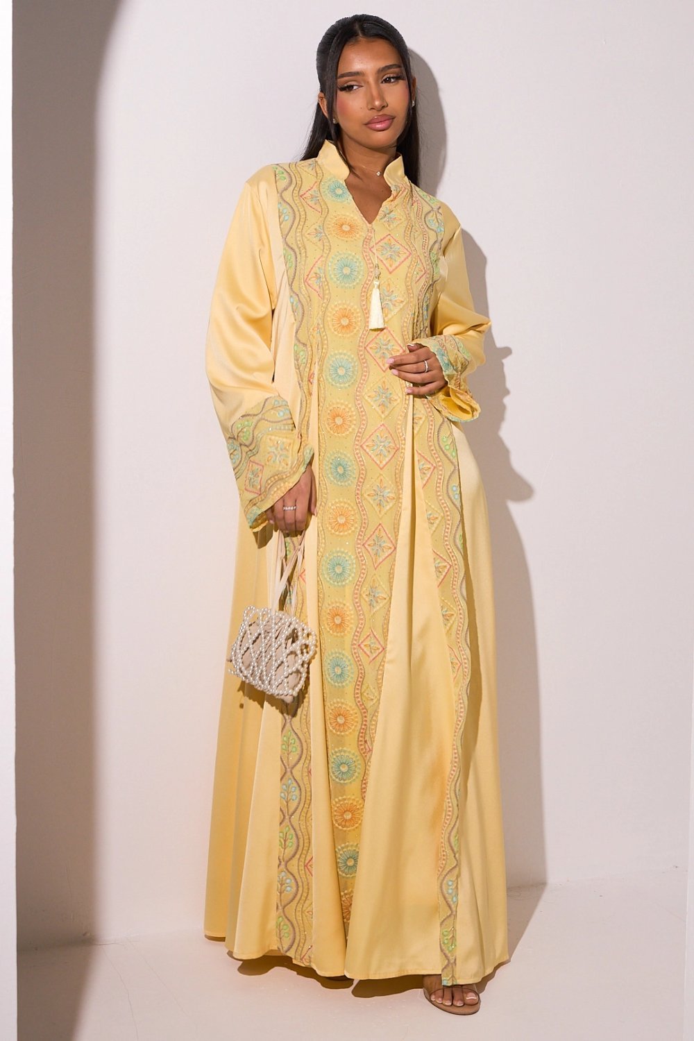 Yellow V-neck abaya with rhinestones