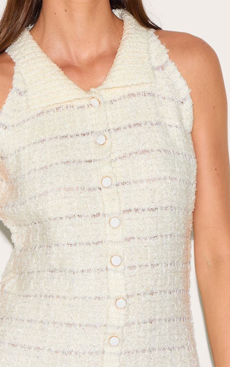 Cream Boucle Knit Collared Button Through Mini Dress