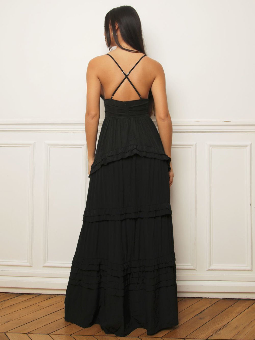 Black draped maxi dress with ruffles