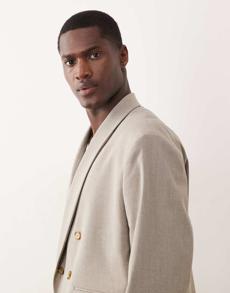 Boxy Fit Herringbone Double Breasted Suit Jacket With Shawl Collar - Beige