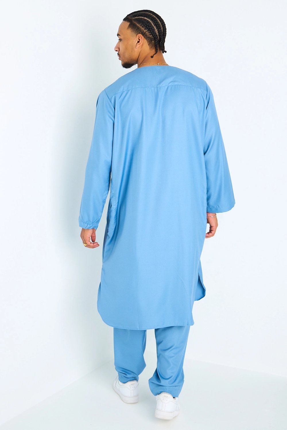 Ensemble qamis w sarwal b motif géométrique bleu