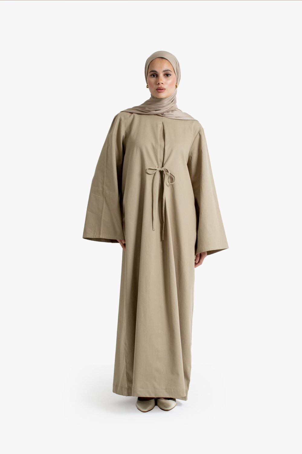 Tie-front cotton twill abaya - Beige