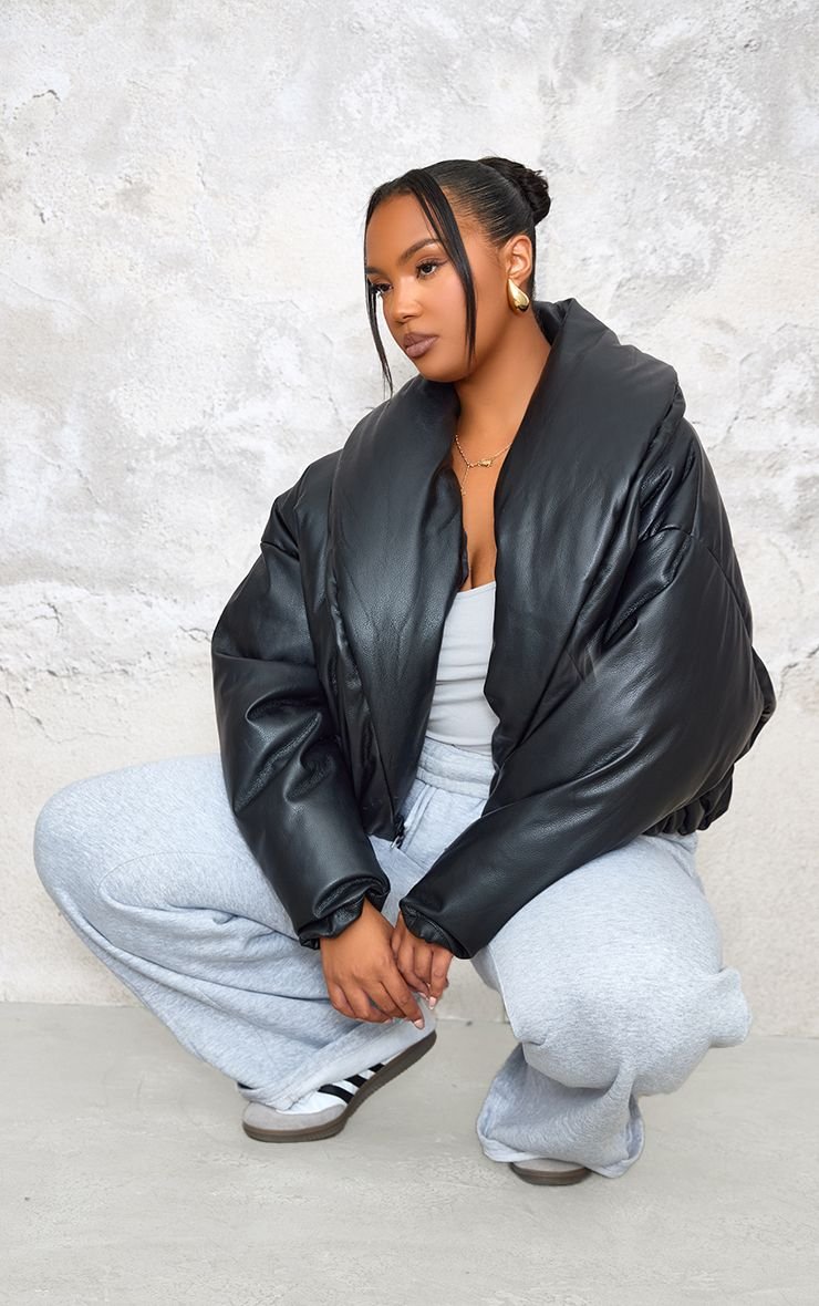 Cropped PU Exaggerated Collar Puffer Coat