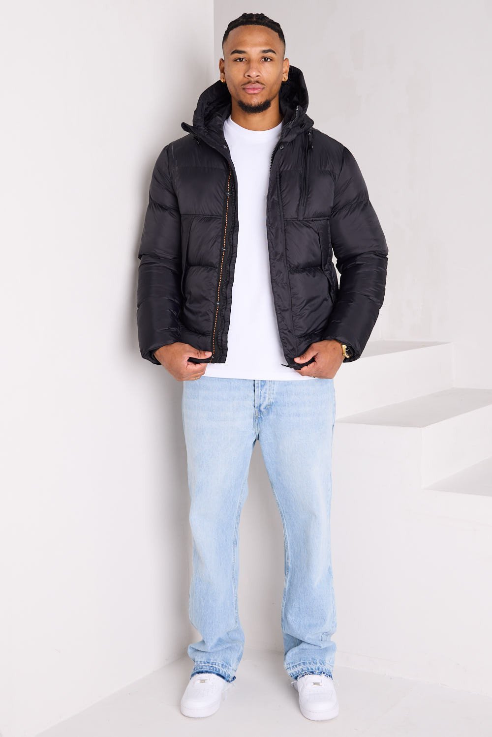 Black quilted hooded puffer jacket