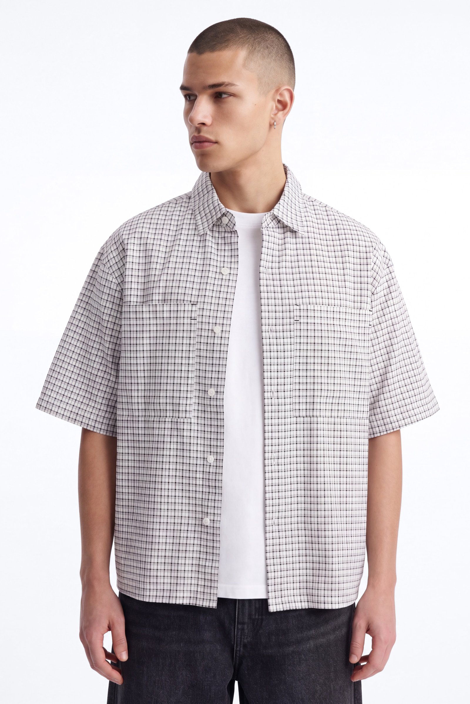 Chemise Seersucker À Carreaux Surpiqûres Contrastantes