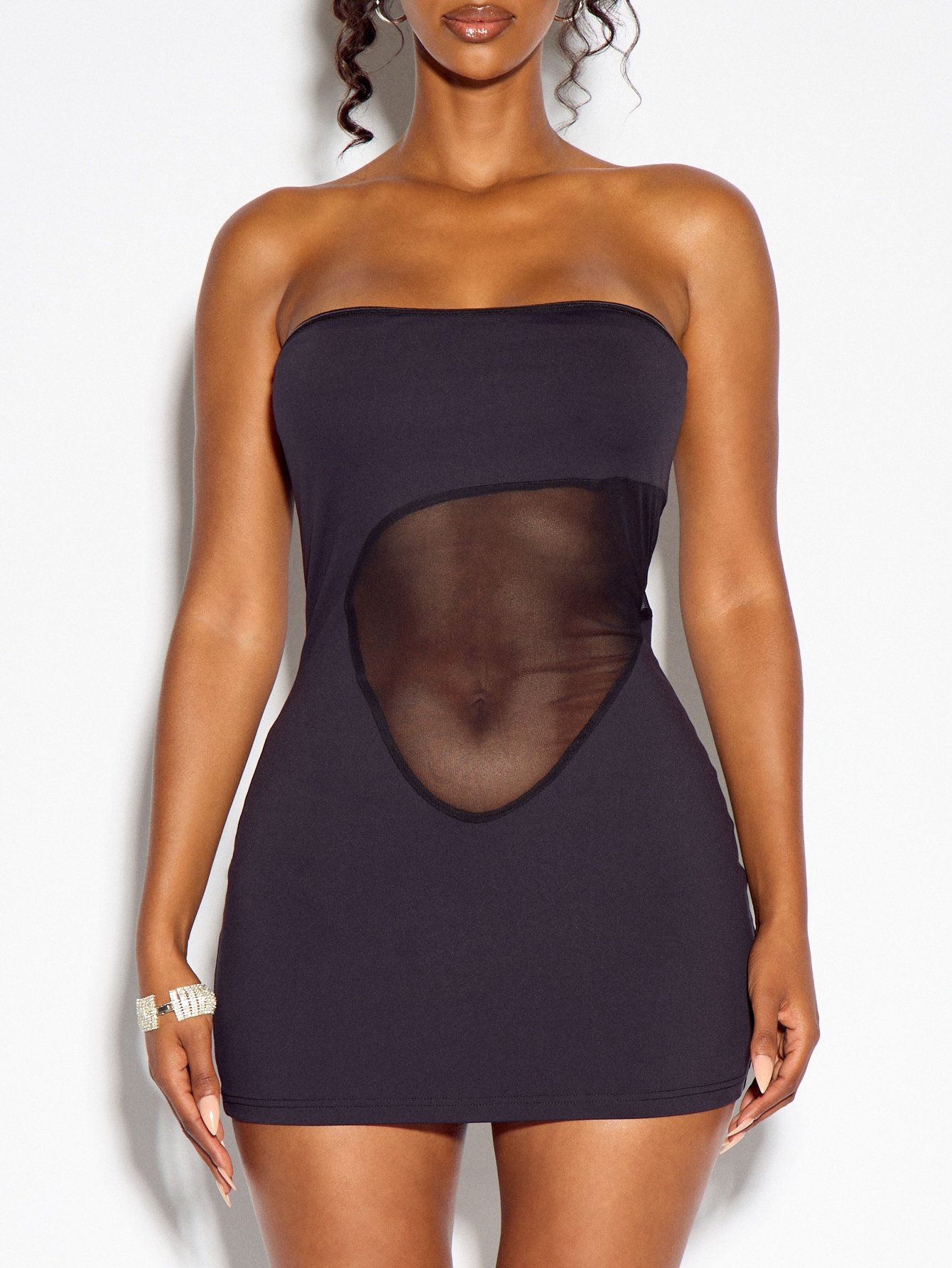 Strapless bodycon mini dress with sheer mesh waist