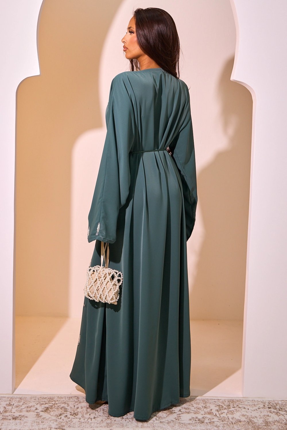 Dark green abaya with ear and floral rhinestones