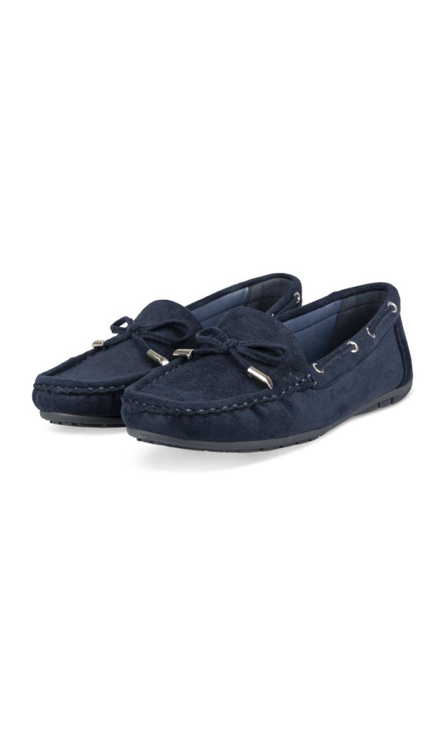 Navy faux suede loafers with bow