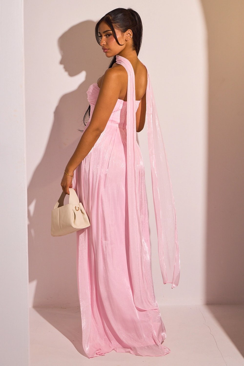 Draped satin strapless maxi dress with stole, pink