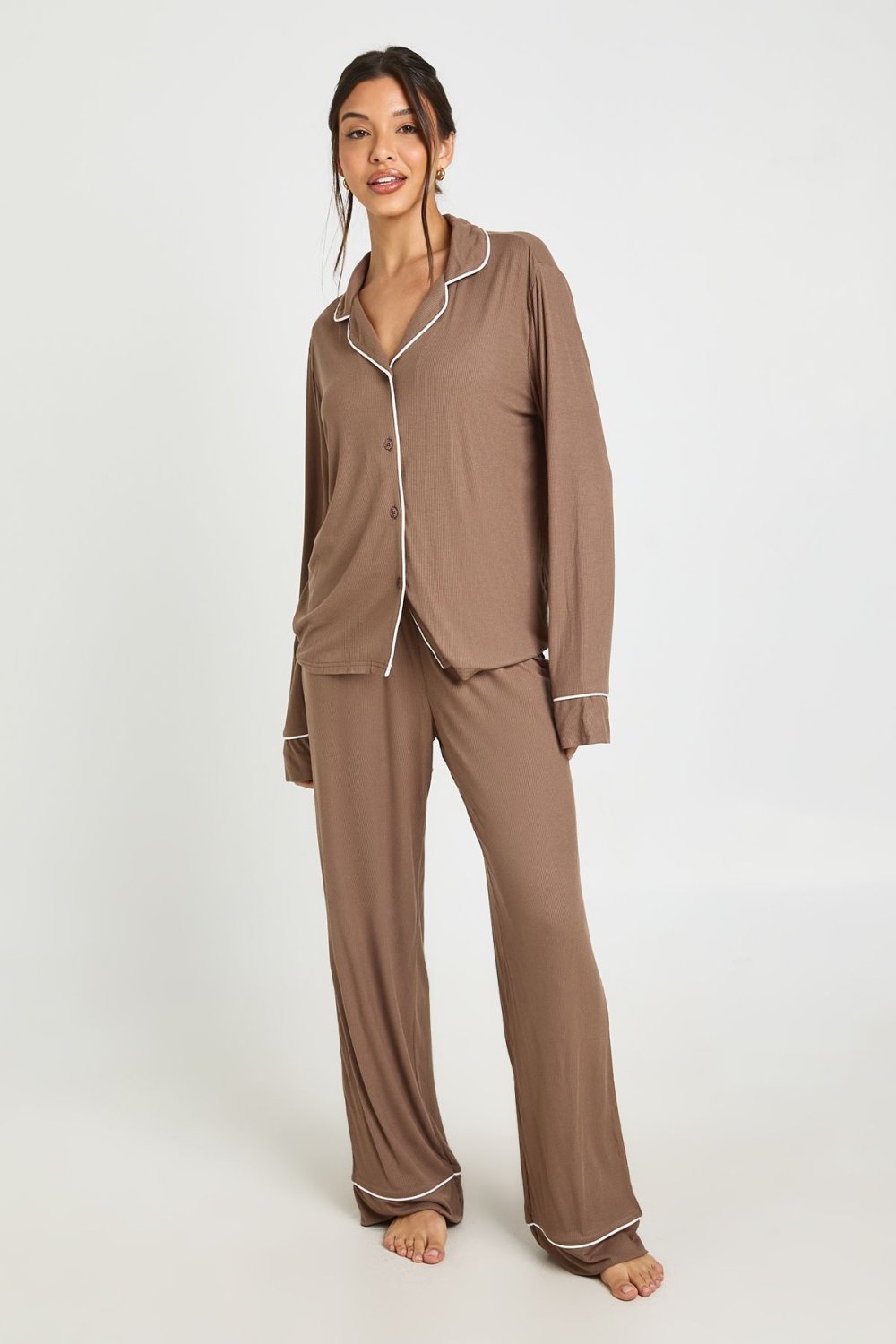 Chocolate ribbed shirt and trouser pyjama set