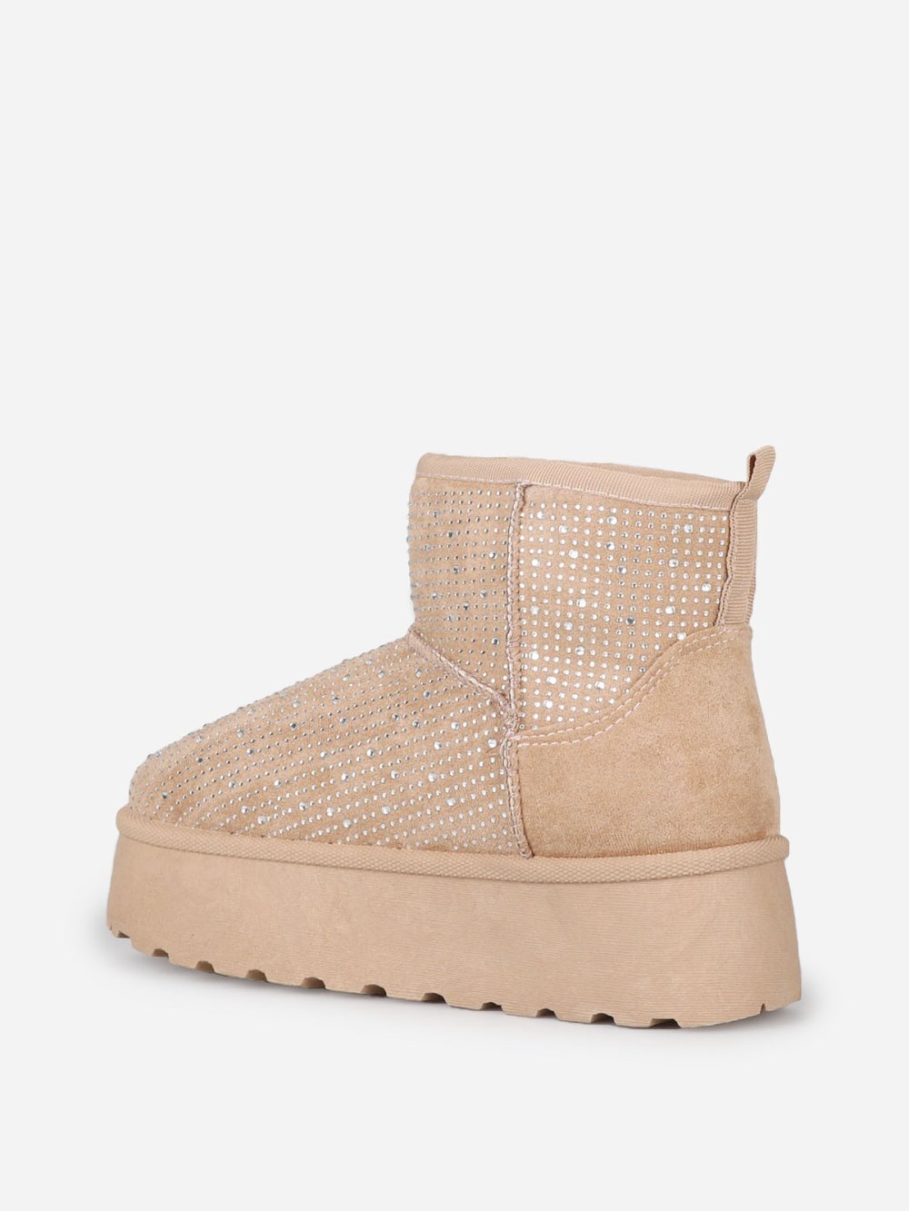 Taupe lined platform boots with rhinestones