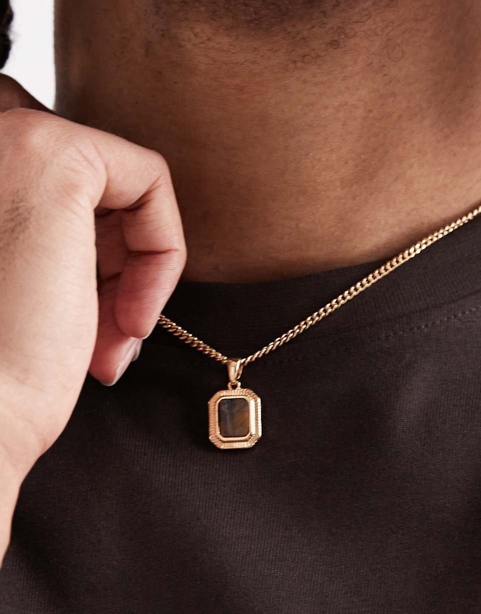 Necklace with square semi-precious tiger's eye pendant - Gold