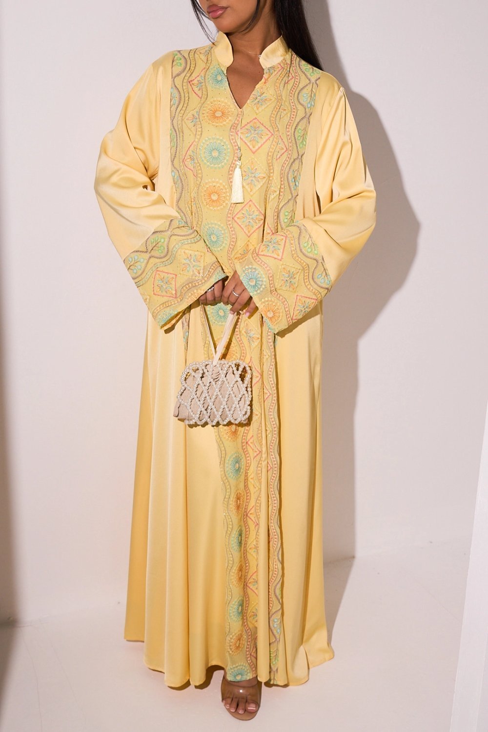 Yellow V-neck abaya with rhinestones
