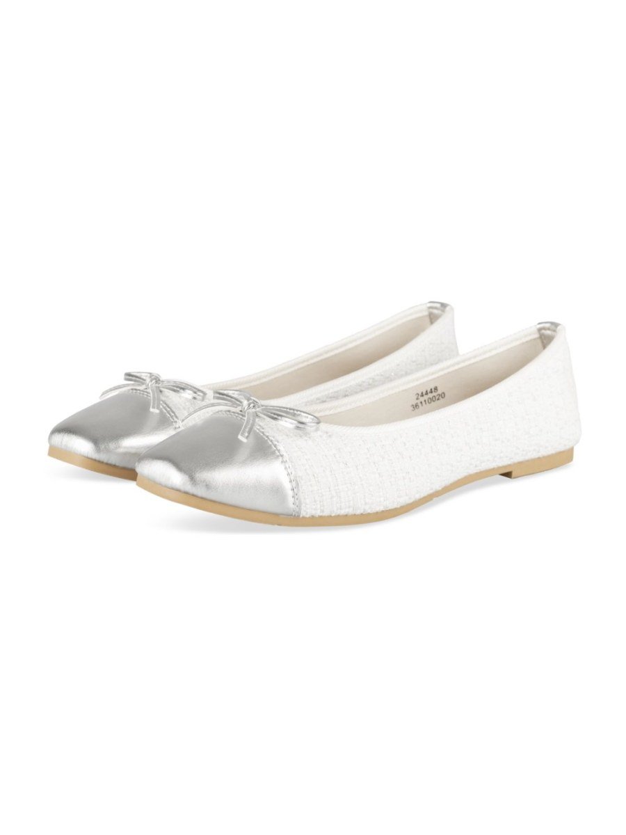 White tweed-effect ballerinas, silver toe