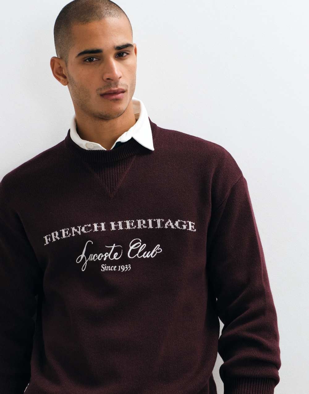 Wool blend jacquard jumper in burgundy