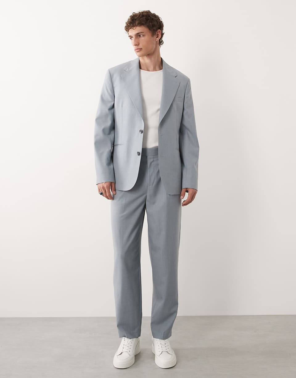 Premium linen and wool relaxed tapered suit trousers - Light blue