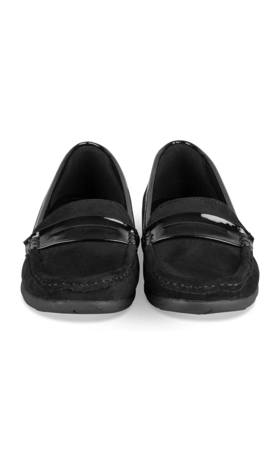 Black wedge loafers, faux suede and patent
