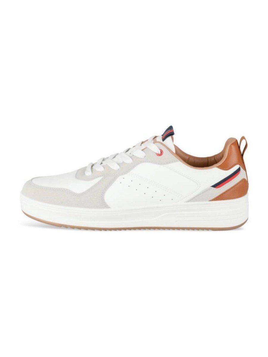 White retro sneakers with tan heel tab