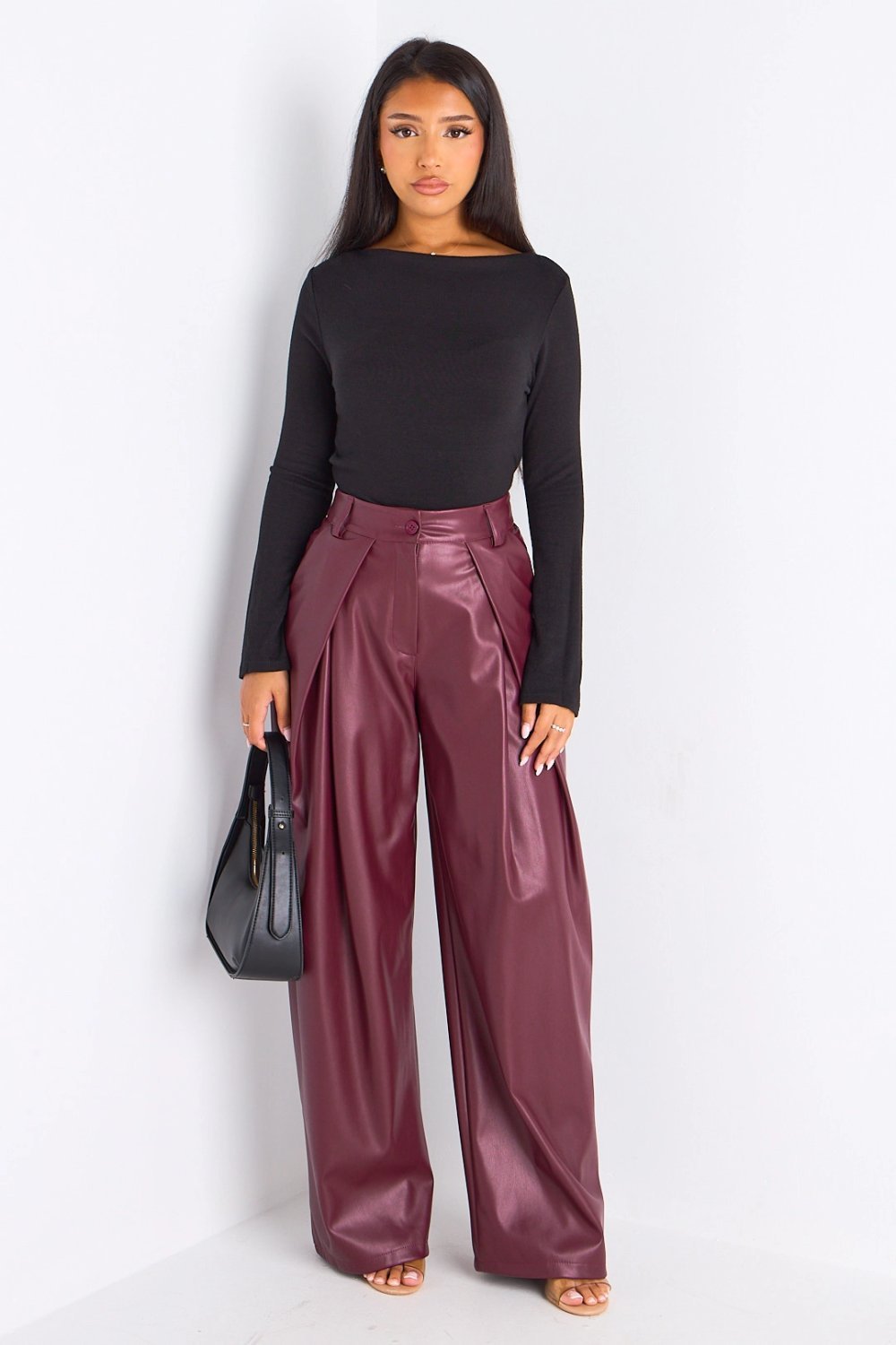 Burgundy faux leather straight trousers