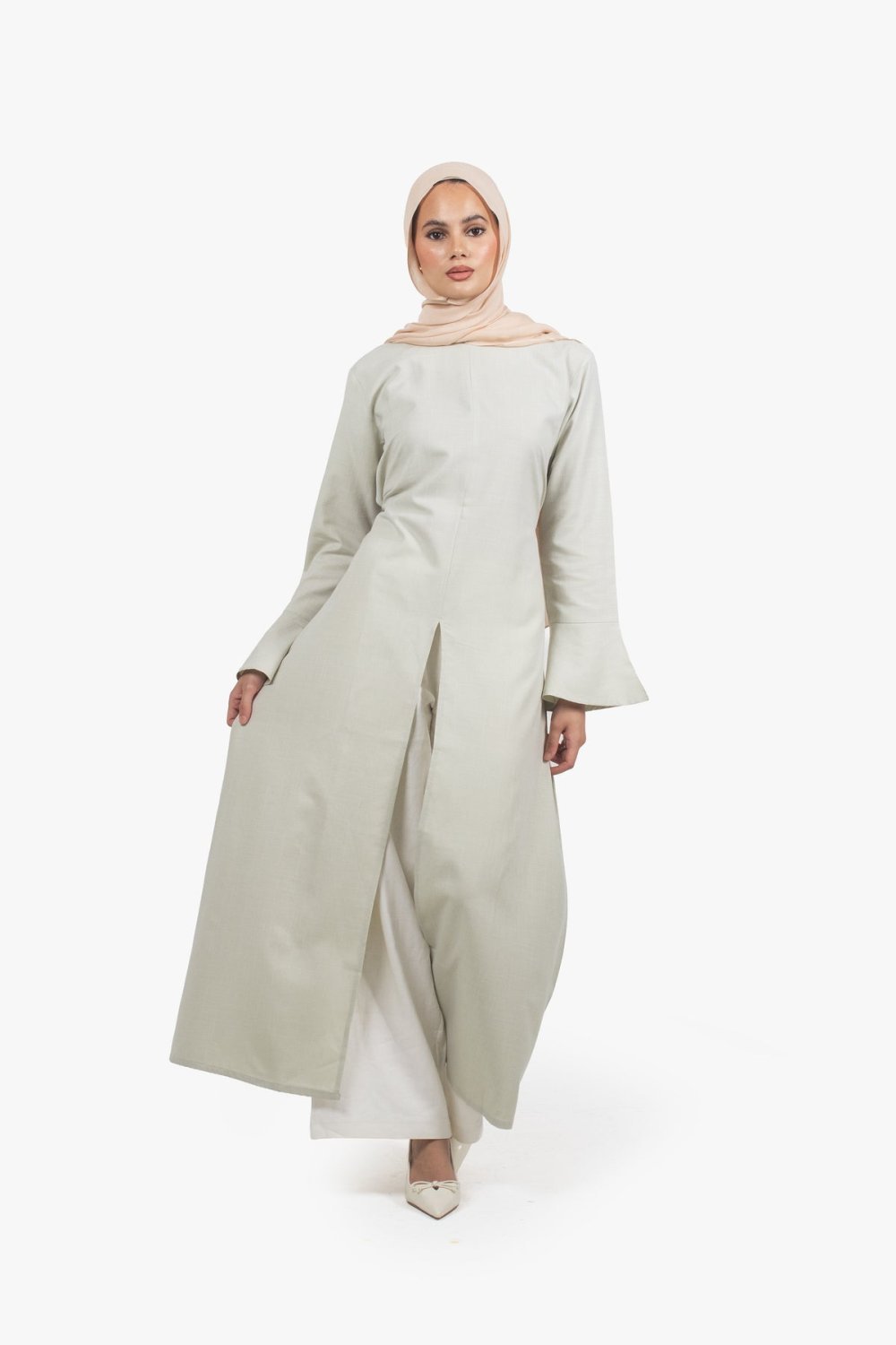 Robe longue fendue devant - Sauge