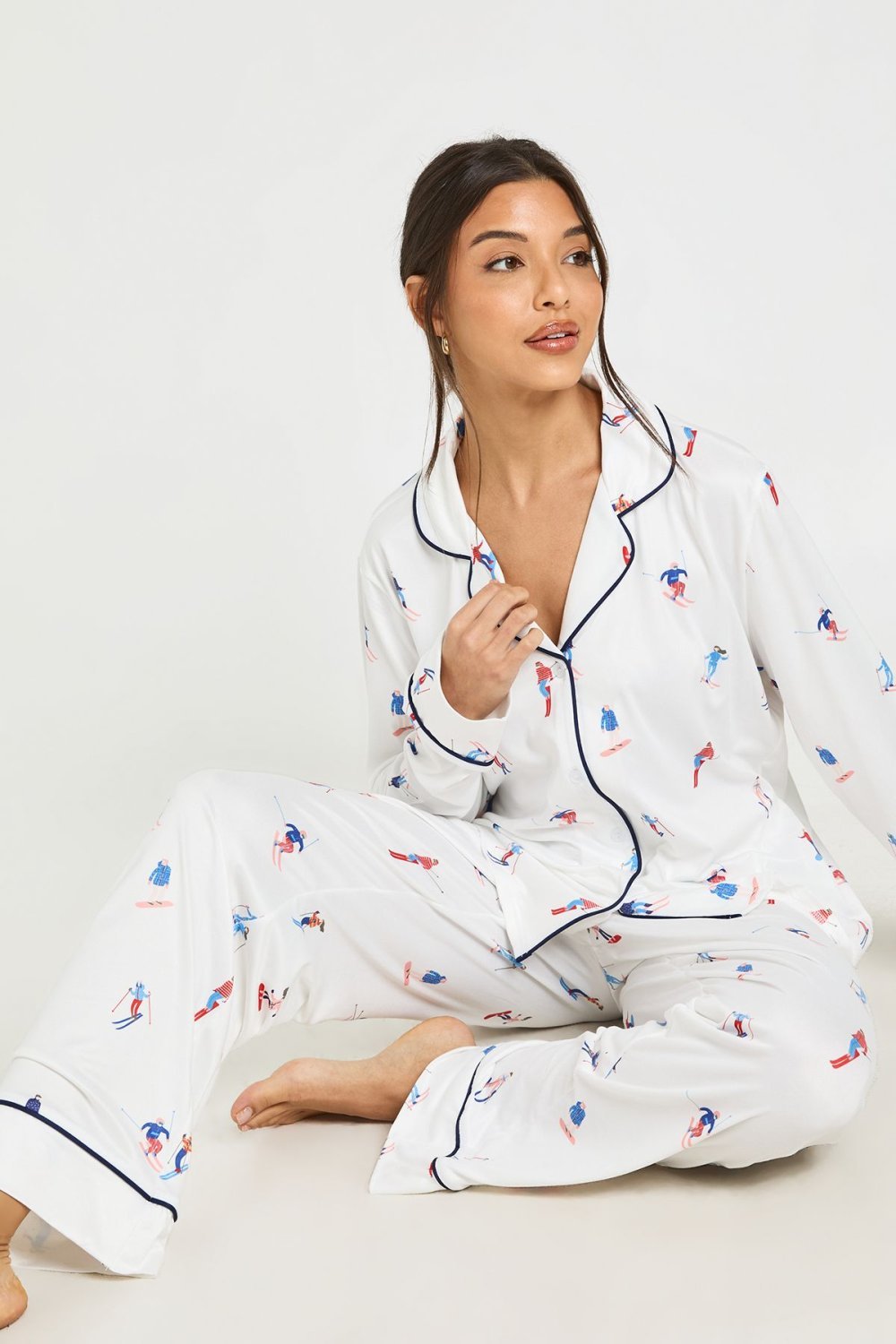 Ski print top and trouser pyjama set with piping