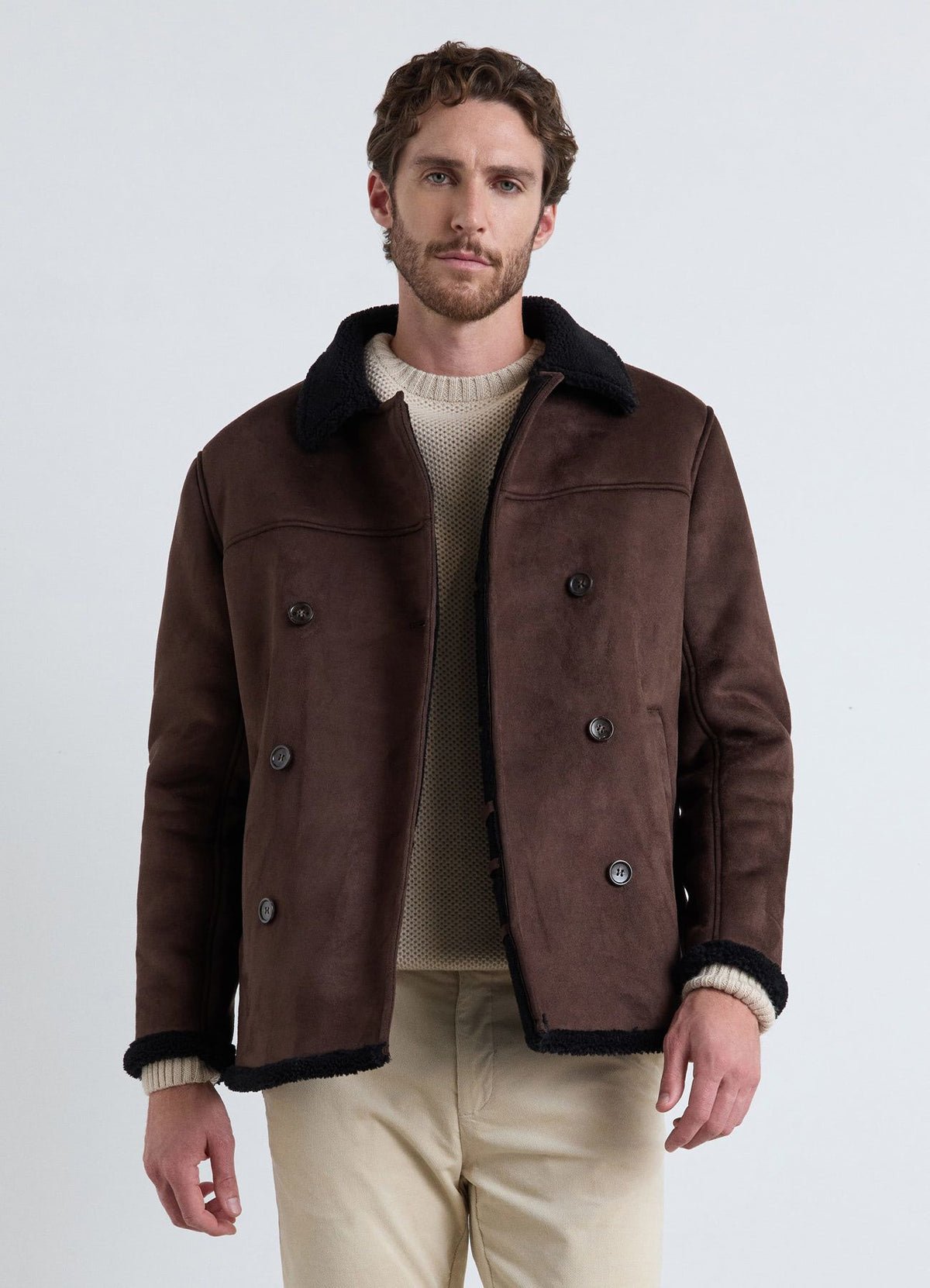 Double-breasted peacoat, teddy collar
