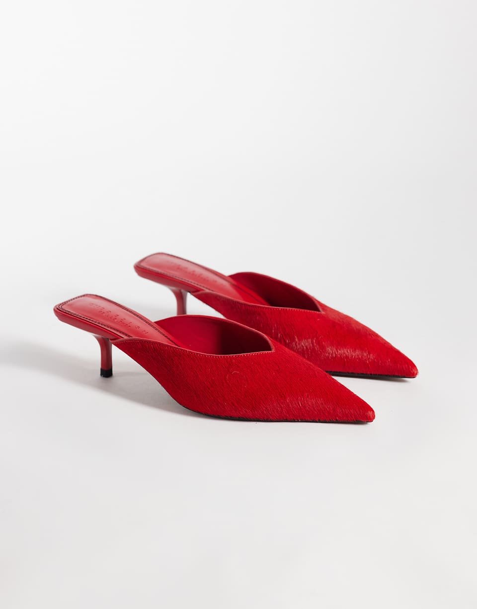 Surprise - Mules pointues à petits talons en cuir véritable effet poils - Rouge