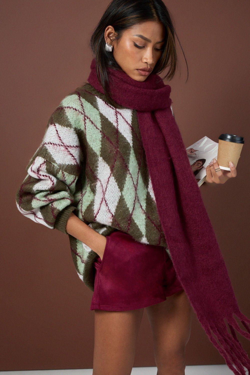 Pull oversize b losanges, kaki