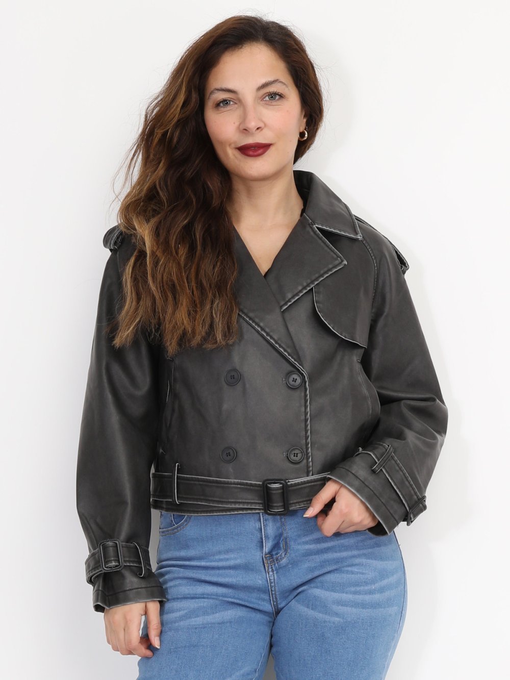 Dark grey distressed faux leather trench jacket