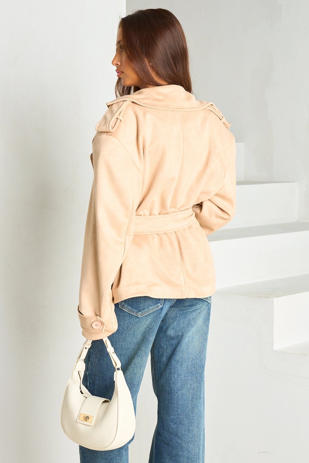 Camel belted fitted suede-effect blazer