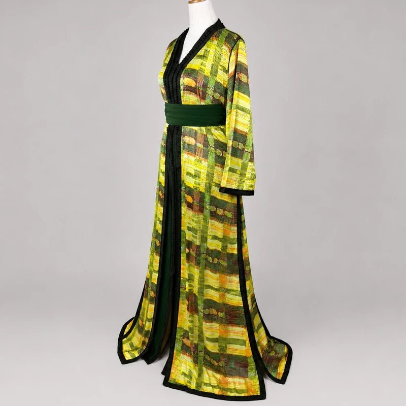 Dark green crêpe takchita with yellow motifs