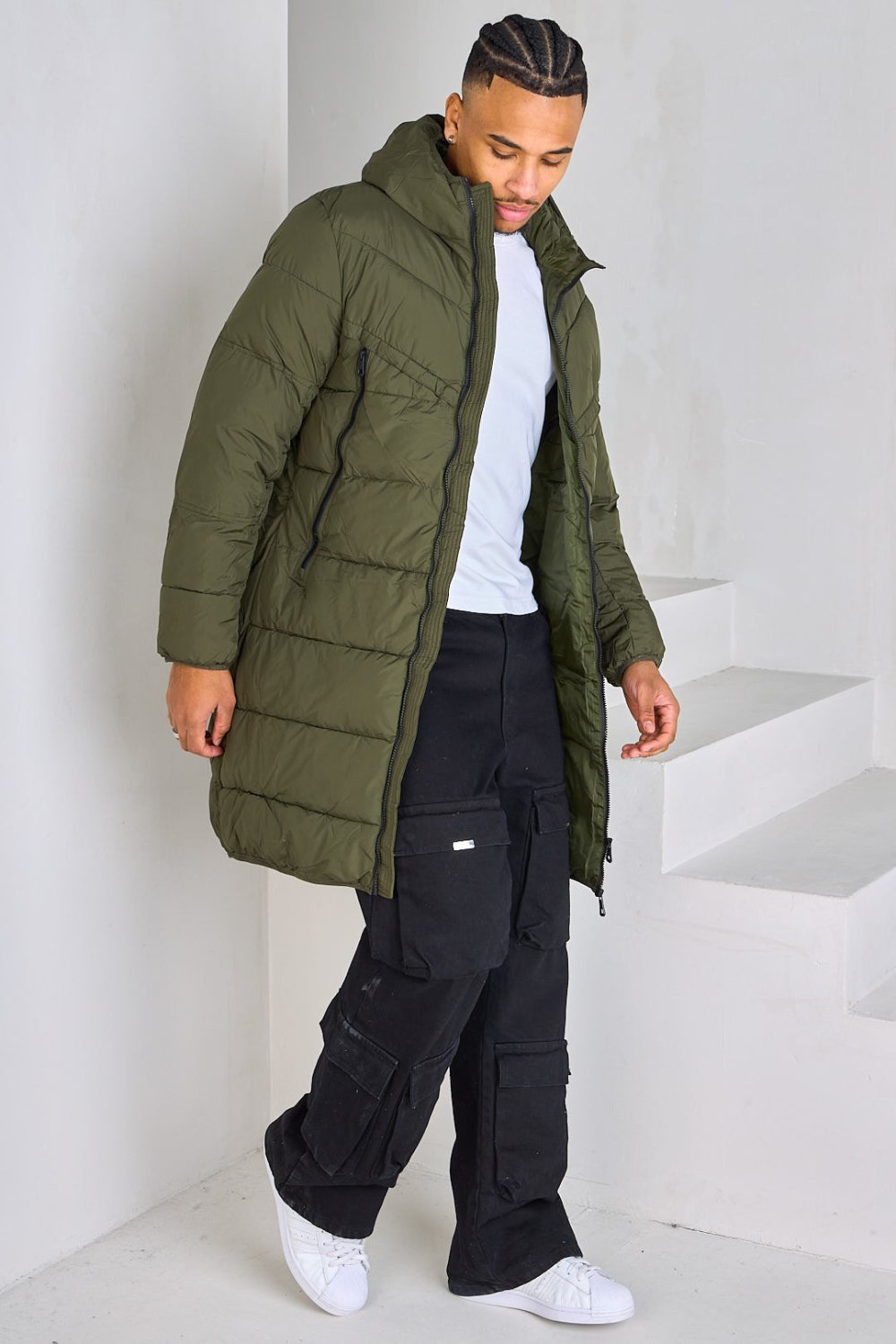 Khaki long quilted puffer jacket with hood