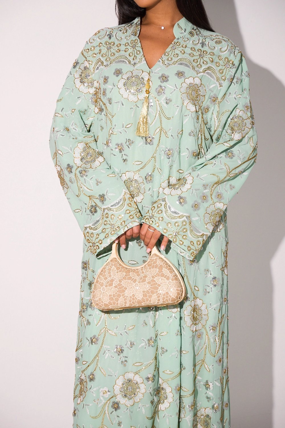 Abaya à fleurs perlées et sequins vert clair