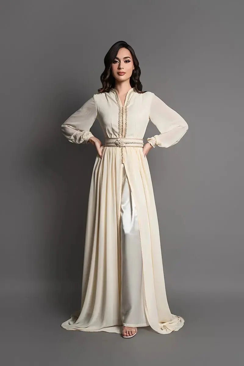 Caftan mousseline ivoire m3a sarwal satin