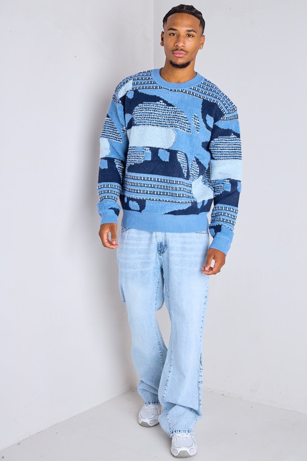 Blue chunky knit patterned jumper