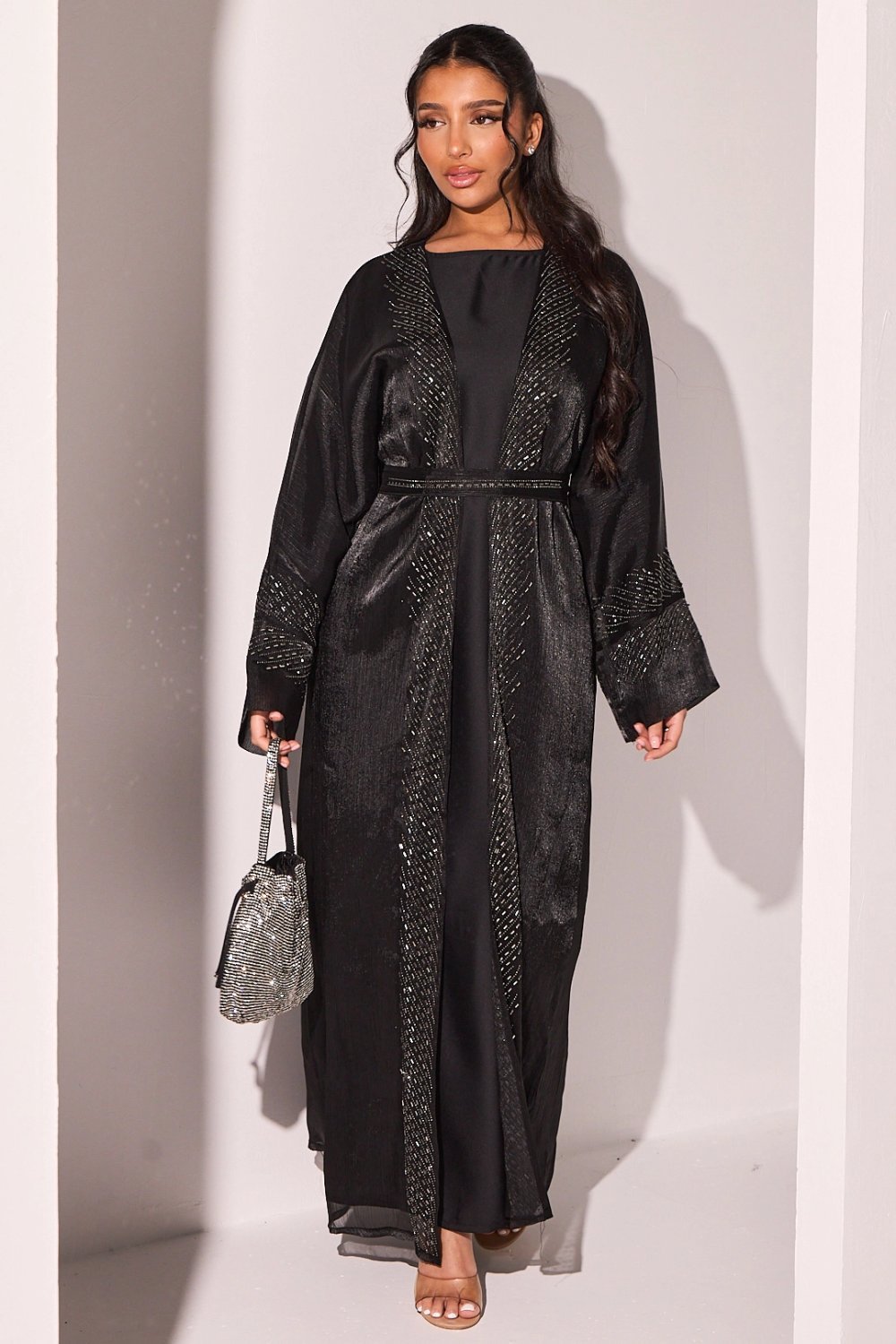 Black abaya and sheer kimono set with rhinestones