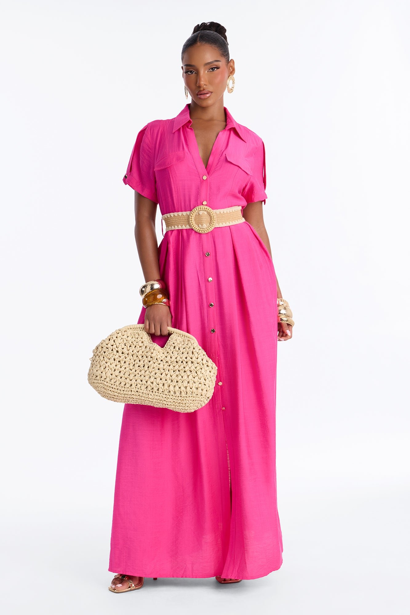 Robe chemise longue en lin ceinturée